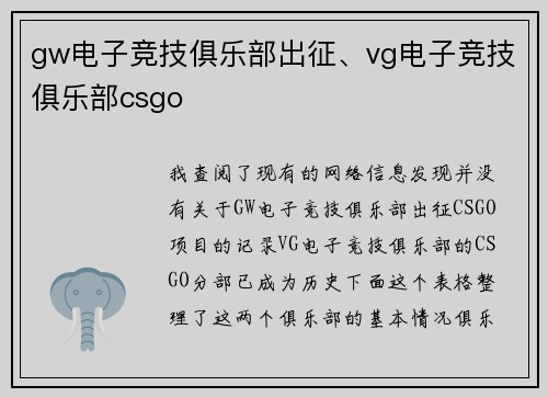 gw电子竞技俱乐部出征、vg电子竞技俱乐部csgo